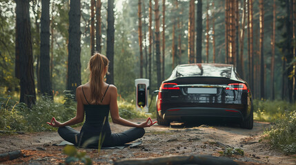 Woman doing yoga near her electric car as it charges in a serene forest clearing - obrazy, fototapety, plakaty