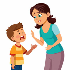 Mother is disciplining her child and the boy cry so sad, solid white background (11)