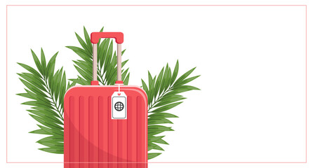 Summer background with red suitcase and palm leaves. Colorful horizontal banner. Vacation concept. Vector illustration © Tatiana