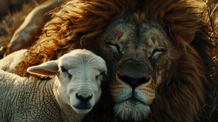 A lion and a lamb peacefully coexisting in a field. Suitable for nature and wildlife themes