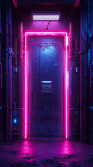 A neon door in a futuristic building. - obrazy, fototapety, plakaty