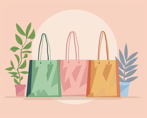Eco-friendly bags on pastel backdrop, high angle, morning light, space for text, flat vector icon style character illustration - obrazy, fototapety, plakaty