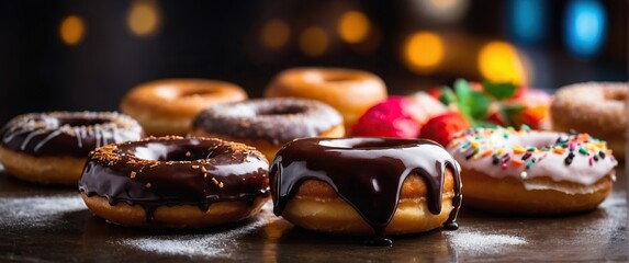 Donuts in multi-colored glaze on a bright background. A work of art from a pastry genius!