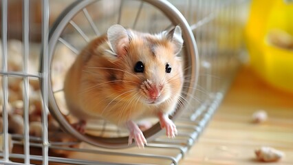 A hamster running in a wheel entertaining and endearing pet in a cage. Concept Hamster care, Exercise, Small pets, Indoor cages, Cute rodents