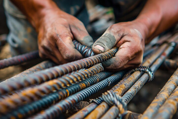 Workers hands tying steel rods