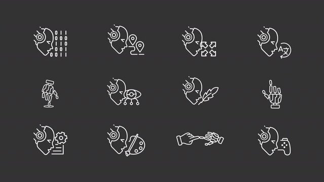 Animated AI related white icons. Artificial intelligence in everyday life line animation library. AI applications. Isolated illustrations on dark background. Transition alpha. HD video. Icon pack