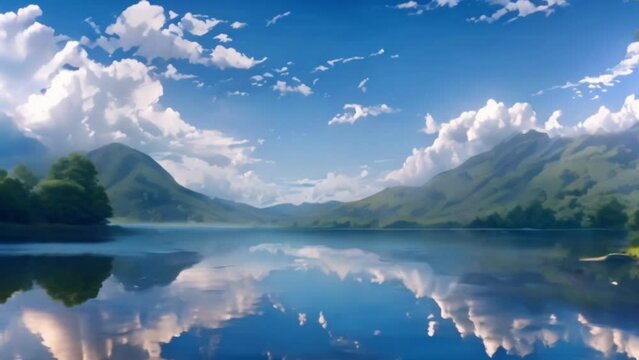 video Beautiful lake view with clear sky and green mountains