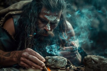 A caveman in a cave illuminated by smoke.