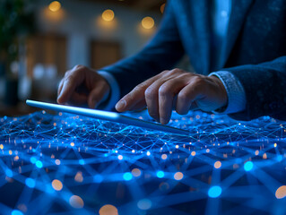Wide angle , businessman 's hand using tablet with holographic data connection , futuristic network concept.