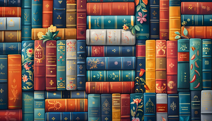 Books arranged in a harmonious pattern, with some standing upright and others stacked horizontally - obrazy, fototapety, plakaty