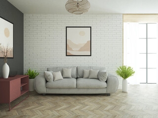 Jasne nowoczesne wnętrze pokoju salonu z ścianą z cegłą i dużą szarą sofą z poduszkami - obrazy, fototapety, plakaty