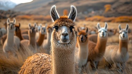 Naklejka premium Closeup of a herd of llamas or alpacas. Concept Animal Photography, Llama Herd, Alpaca Closeup, Wildlife Portraits
