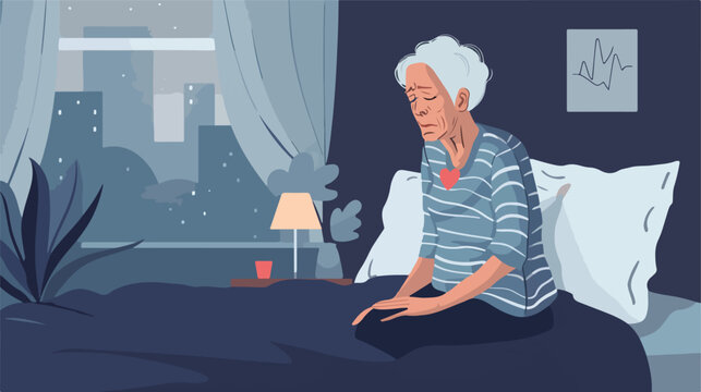 Elderly woman wakes with heartbeat symptom. Senior