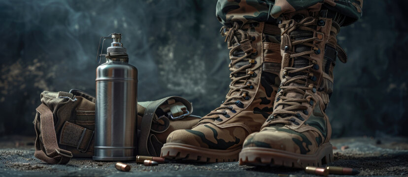A close up image of a pair of boots and a water bottle. Ideal for outdoor and adventure themes