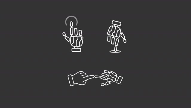 Animated bionic hands white icons. AI touches line animation library. Prosthetic implant. Artificial intelligence. Isolated illustrations on dark background. Transition alpha. HD video. Icon pack