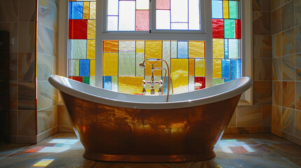 Bathtub under a stained glass window