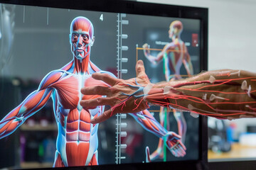 Zoom on an augmented reality application showing a holographic projection of human muscles and tendons during a physiotherapy session
