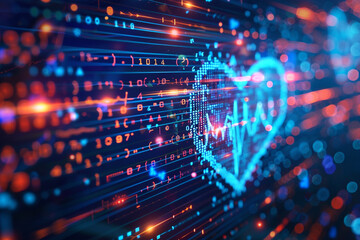 Obraz premium Zoomed in heartbeat line seamlessly merging with digital code representing smart heart health solutions