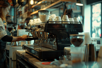 Zoomed-in image of a barista at a coffee shop, background showing economic impact of service industry