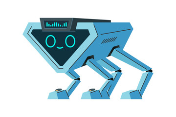 Blue quadruped robot with friendly emotion in front display. Vector illustration