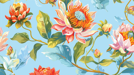 Exotic flowers with ornament on light blue background