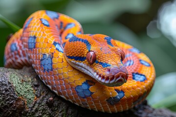 Fototapeta premium Red-tailed Boa Constrictor: Wrapped around a tree branch with vibrant colors and smooth texture.