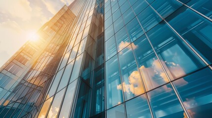 Close-up of sleek glass facades reflecting sunlight on a modern high-rise building