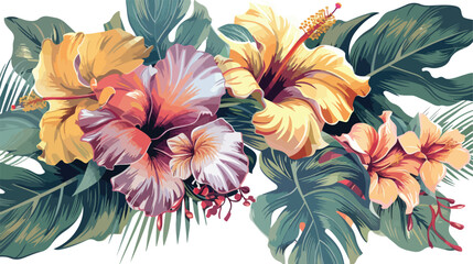 Exotic tropical flowers in pastel colors with ornamen