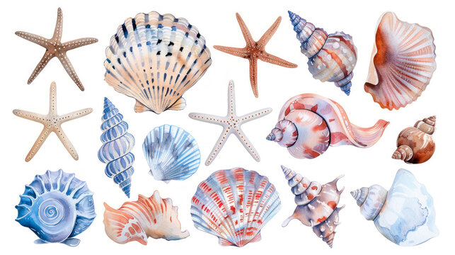 Watercolor Seashells clipart isolated on white background. sea clipart. Shell set, beach scenery. Watercolor starfish and other seashells in tropical illustration. Stickers set, summer print, design