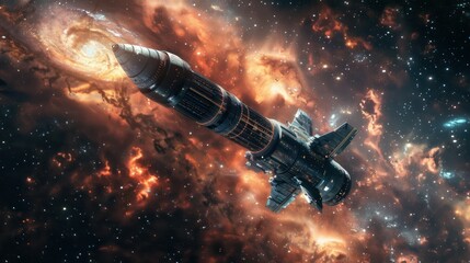  nuclear-powered spacecraft soaring through the vast expanse of the cosmos, with stars and galaxies swirling in the background.  