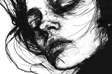 Detailed black and white drawing of a woman's face. Suitable for artistic projects