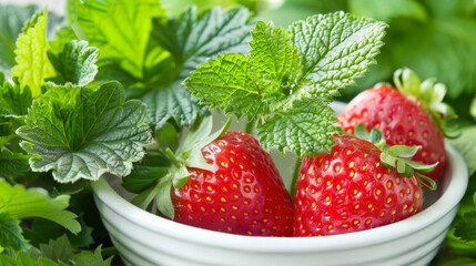 A bowl of strawberries and mint leaves. The bowl is white and the strawberries are arranged in a way that they are not touching each other