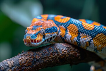 Red-tailed Boa Constrictor: Wrapped around a tree branch with vibrant colors and smooth texture. - obrazy, fototapety, plakaty