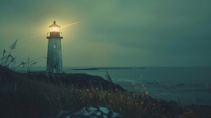 A picturesque lighthouse on a hill overlooking the ocean. Ideal for travel brochures or maritime themed designs - Powered by Adobe