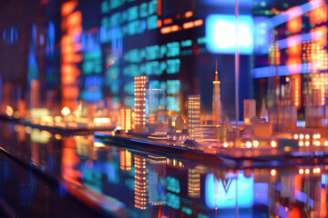 Obraz premium Zoomed-in image of a central bank building model, with screens displaying global currency exchange rates