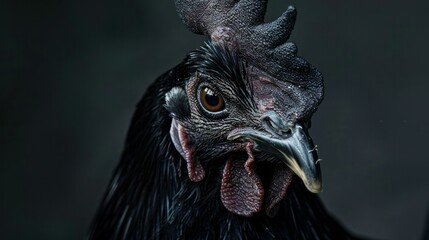  captivating close-up portrait of an Ayam Cemani chicken, its jet-black plumage and obsidian eyes exuding an aura of mystery.  
