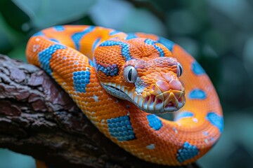 Fototapeta premium Red-tailed Boa Constrictor: Wrapped around a tree branch with vibrant colors and smooth texture.