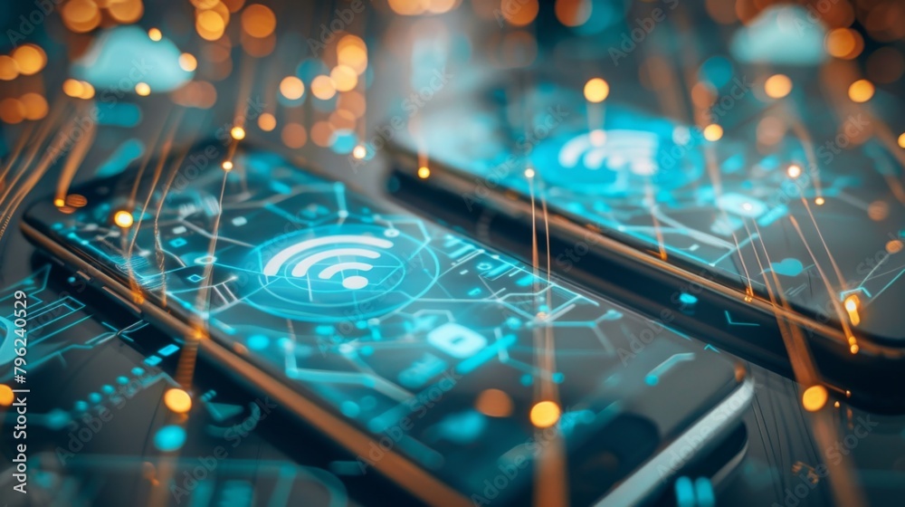 Poster close-up of two smartphones sharing data via wireless transfer, simplifying communication
