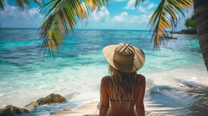 back view of woman in straw hat on tropical beach