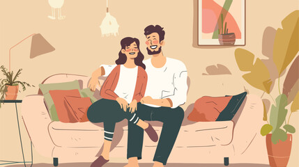 Smiling romantic Couple at home sitting on sofa. Vector