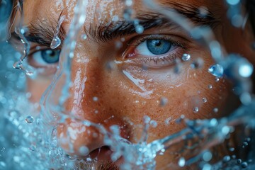 The image showcases a detailed close-up view of water droplets spread across a glass surface with light reflecting
