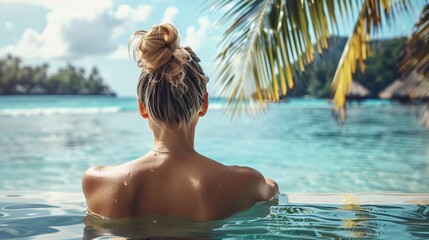 back view of woman on tropical beach