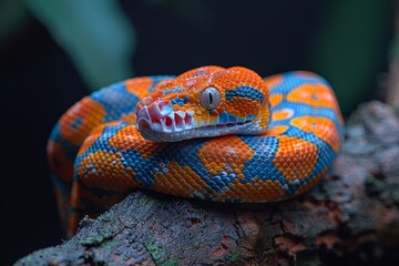 Fototapeta premium Red-tailed Boa Constrictor: Wrapped around a tree branch with vibrant colors and smooth texture.