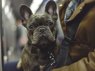 A closeup of a French Bulldog on a subway train - obrazy, fototapety, plakaty
