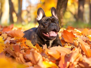 A French Bulldog is lying in a pile of fallen leaves in the fall.