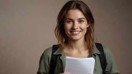 Film producer 25 year old woman with papers in hand looking sideways with confident smile blushing...