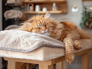 A ginger Maine Coon cat is sleeping on a massage table.