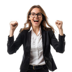 Successful business woman celebrating with fists up isolated on Transparent Background, without background .PNG