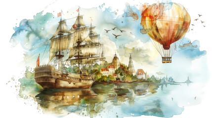 Watercolor painting of a ship sailing on the sea next to a colorful hot air balloon flying in the sky