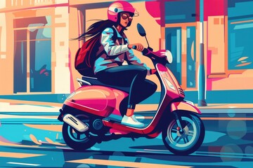 A woman confidently rides a scooter through a bustling city street. Suitable for urban lifestyle concepts